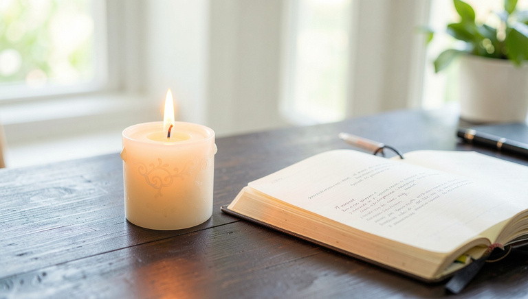 Vela acesa ao lado de um livro aberto sobre uma mesa de madeira